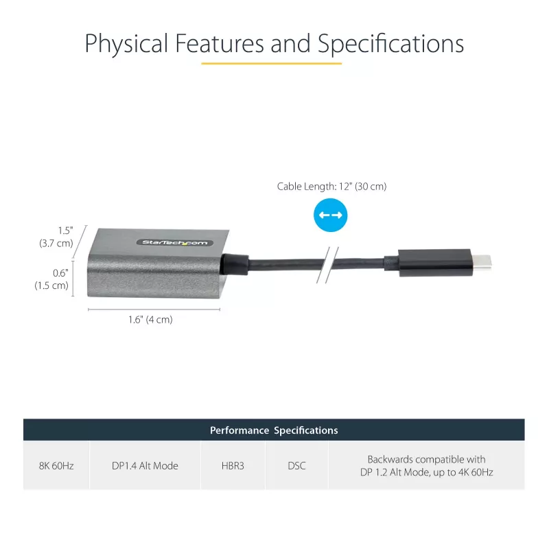 StarTech.com USB-C–DisplayPort-adapteri – 8K/4K 60Hz USB-C–DisplayPort-1.4-adapteridongle – USB Type-C–DP-näyttövideomuunnin – yhteensopiva Thunderbolt 3:n kanssa – mukana 30 cm pitkä kiinteä kaapeli