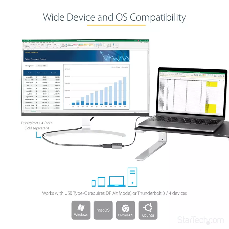 StarTech.com USB-C–DisplayPort-adapteri – 8K/4K 60Hz USB-C–DisplayPort-1.4-adapteridongle – USB Type-C–DP-näyttövideomuunnin – yhteensopiva Thunderbolt 3:n kanssa – mukana 30 cm pitkä kiinteä kaapeli