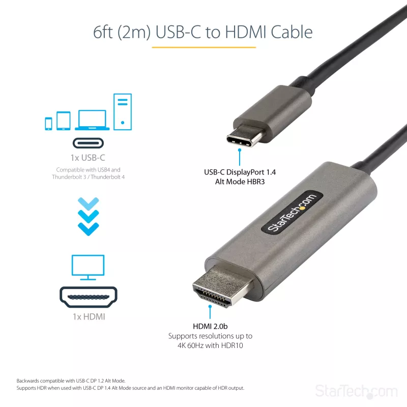 StarTech.com 1,8 m (2 m) USB-C–HDMI-kaapeli 4K 60 Hz HDR10:llä – Ultra HD USB Type-C – 4K HDMI 2.0b -videoadapterikaapeli – USB-C–HDMI HDR -näyttö-/displaymuunnin – DP 1.4 Alt Mode HBR3