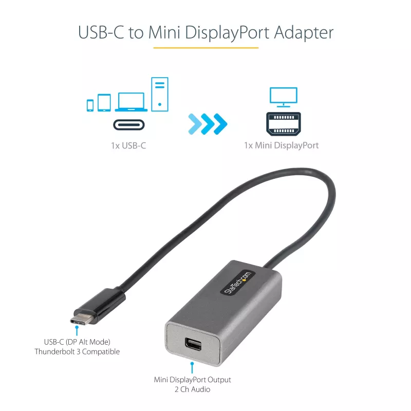 StarTech.com USB-C–Mini DisplayPort -adapteri – 4K 60Hz USB-C–mDP-adapteridongle – USB Type-C – Mini DP -näyttö – videomuunnin – yhteensopiva Thunderbolt 3:n kanssa – 30 cm pitkä kiinteä kaapeli – päivitetty versio CDP2MDP:stä