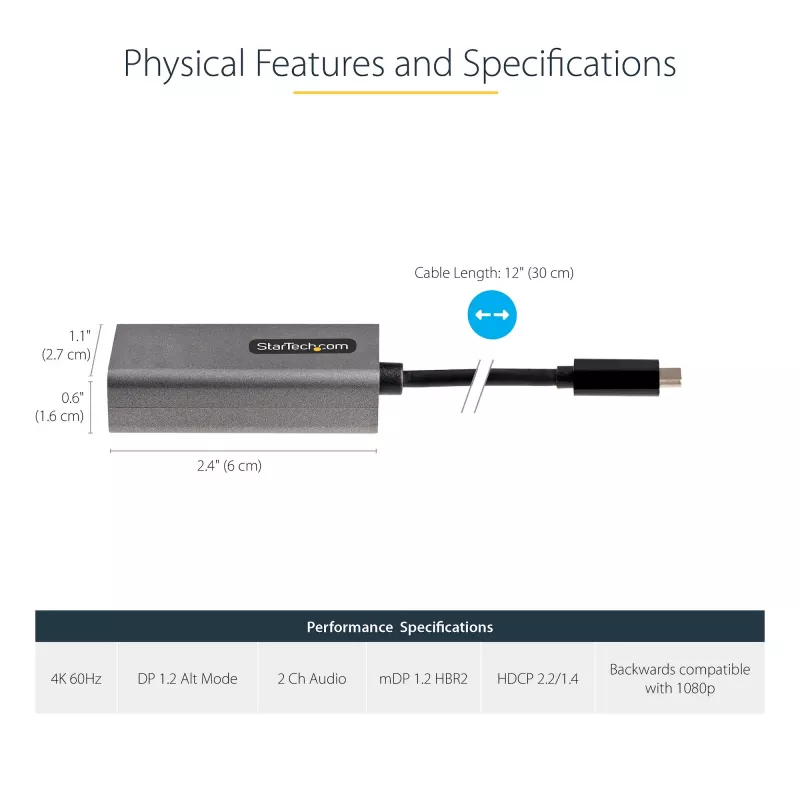 StarTech.com USB-C–Mini DisplayPort -adapteri – 4K 60Hz USB-C–mDP-adapteridongle – USB Type-C – Mini DP -näyttö – videomuunnin – yhteensopiva Thunderbolt 3:n kanssa – 30 cm pitkä kiinteä kaapeli – päivitetty versio CDP2MDP:stä