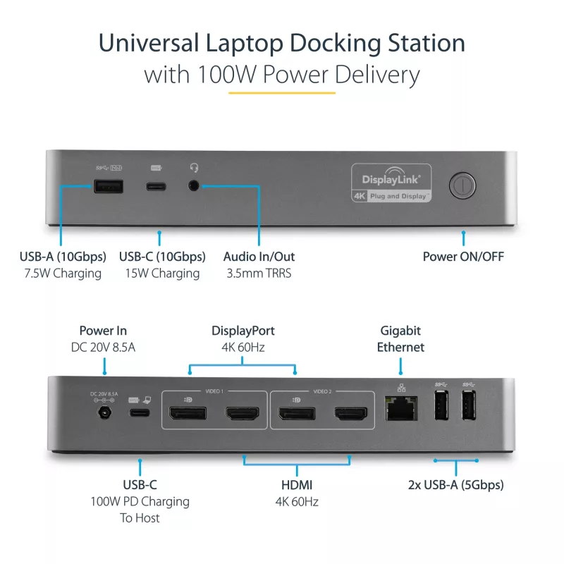 StarTech.com Universaali kannettavan tietokoneen telakointiasema, Hybridi-USB-C- & USB-A-telakka, Dual 4K DP & HDMI, 100W PD, Mac / Windows / Chrome OS, 4x USB 5Gbps keskitin, GbE