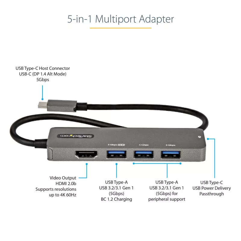 StarTech.com USB-C-moniporttiadapteri - USB-C–HDMI 2.0b 4K 60Hz (HDR10), 100W Power Delivery läpivienti, 4-porttinen USB 3.0 keskitin - USB Type-C mini-telakka - 30 cm pitkä, kiinteä kaapeli