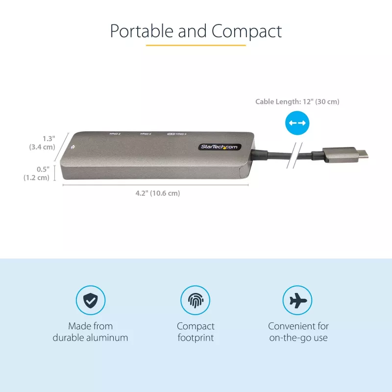 StarTech.com USB-C-moniporttiadapteri - USB-C–HDMI 2.0b 4K 60Hz (HDR10), 100W Power Delivery läpivienti, 4-porttinen USB 3.0 keskitin - USB Type-C mini-telakka - 30 cm pitkä, kiinteä kaapeli