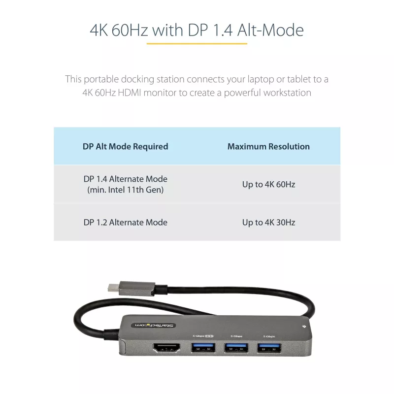 StarTech.com USB-C-moniporttiadapteri - USB-C–HDMI 2.0b 4K 60Hz (HDR10), 100W Power Delivery läpivienti, 4-porttinen USB 3.0 keskitin - USB Type-C mini-telakka - 30 cm pitkä, kiinteä kaapeli