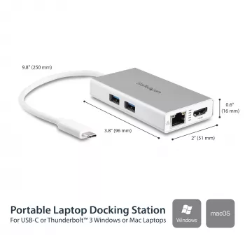 StarTech.com USB-C-moniporttiadapteri – USB-C matkatelakointiasema 4K HDMI:llä – 60 W Power Delivery läpivienti, GbE, 2-porttinen USB-A 3.0 -keskitin – Kannettava mini-USB Type-C telakka kannettavalle tietokoneelle – valkoinen