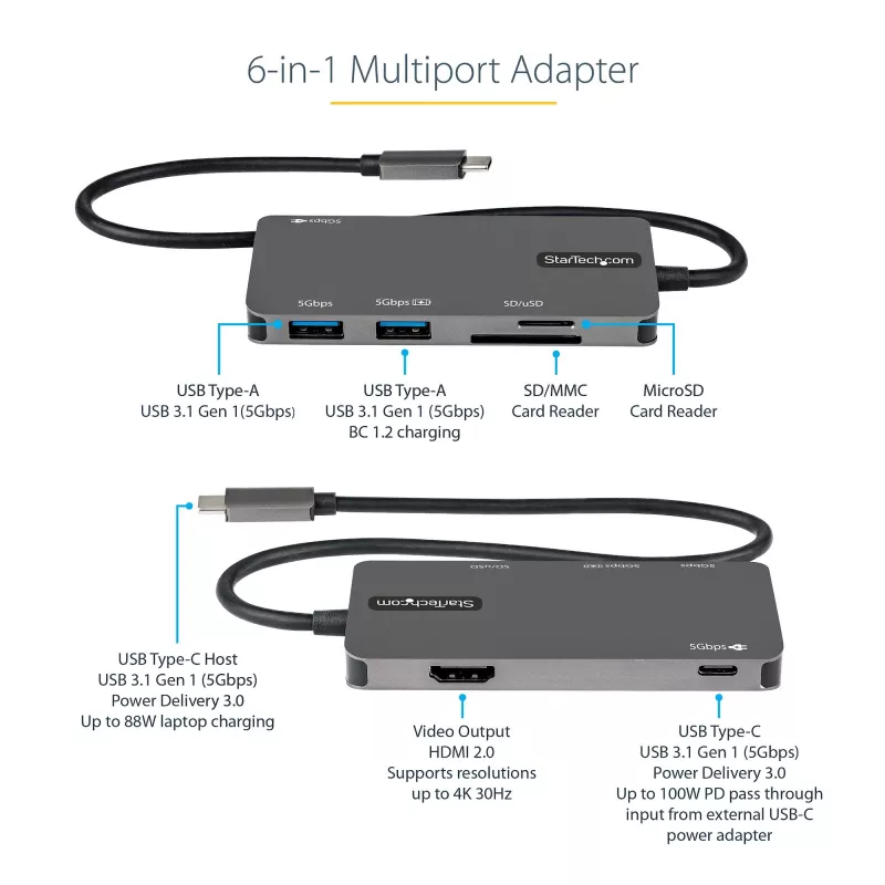 StarTech.com DKT30CHSDPD USB-C-moniporttisovitin minitelakka, 4K HDMI, 100 W PD, SD/microSD-korttipaikka, 3-porttinen USB 3.0 -keskitin, 30 cm kiinteä kaapeli