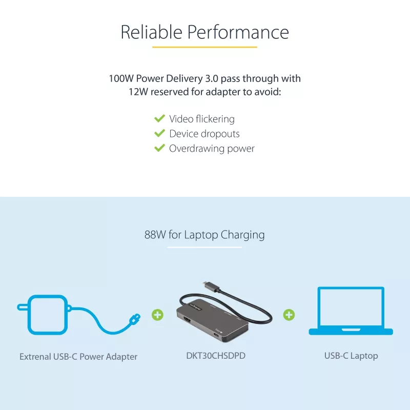 StarTech.com DKT30CHSDPD USB-C-moniporttisovitin minitelakka, 4K HDMI, 100 W PD, SD/microSD-korttipaikka, 3-porttinen USB 3.0 -keskitin, 30 cm kiinteä kaapeli