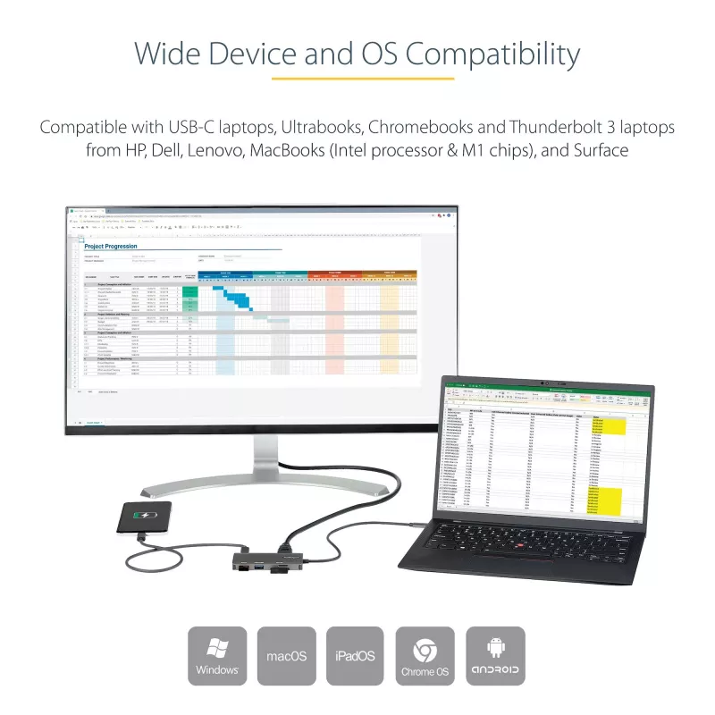 StarTech.com DKT30CHSDPD USB-C-moniporttisovitin minitelakka, 4K HDMI, 100 W PD, SD/microSD-korttipaikka, 3-porttinen USB 3.0 -keskitin, 30 cm kiinteä kaapeli