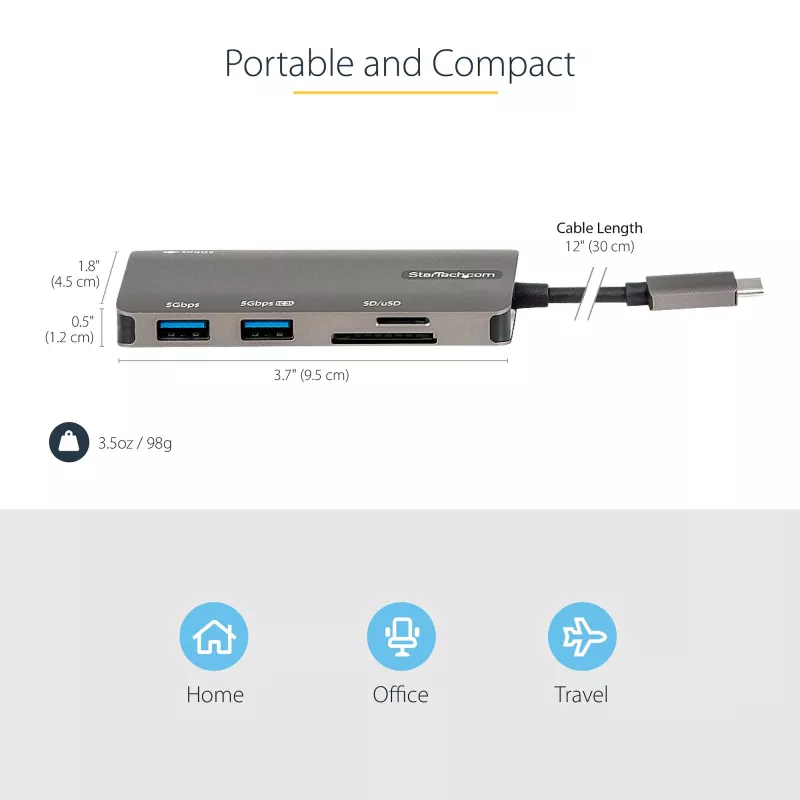 StarTech.com DKT30CHSDPD USB-C-moniporttisovitin minitelakka, 4K HDMI, 100 W PD, SD/microSD-korttipaikka, 3-porttinen USB 3.0 -keskitin, 30 cm kiinteä kaapeli