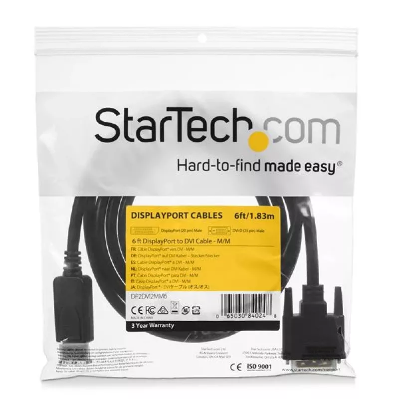 StarTech.com 1,8 m DisplayPort–DVI-kaapeli, DisplayPort–DVI-adapterikaapeli, passiivinen DP–DVI-D-videomuunnin, 1080p – korvaa DP2DVIMM6