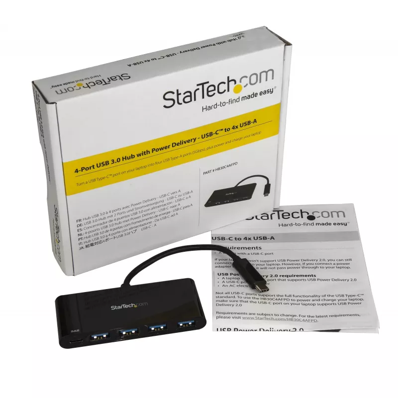 StarTech.com HB30C4AFPD 4-porttinen USB-C-keskitin, USB-C – 4x USB-A, USB 3.0 SuperSpeed 5Gbps, Power Delivery 2.0