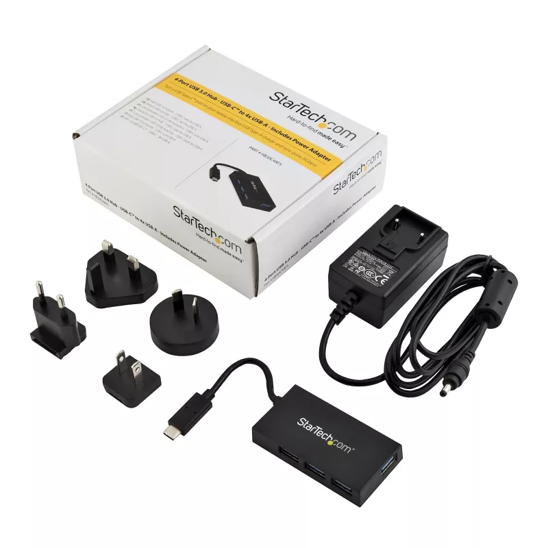 StarTech.com 4-porttinen USB-C-hubi - USB Type-C -hubi 4x USB-A-liitännällä (USB 3.0/3.1 Gen 1 SuperSpeed 5 Gbit/s) - USB-väylä- tai oma virransyöttö - kannettava USB-C–USB-A BC 1.2 -latausnapa verkkolaitteella~4-porttinen USB-C-hubi - USB Type-C -hubi 4x USB-A-liitännällä USB 3.0 -hubi (5 Gbit/s) - USB-väylä- tai oma virransyöttö - kannettava USB-C–USB-A BC 1.2 -latausnapa verkkolaitteella