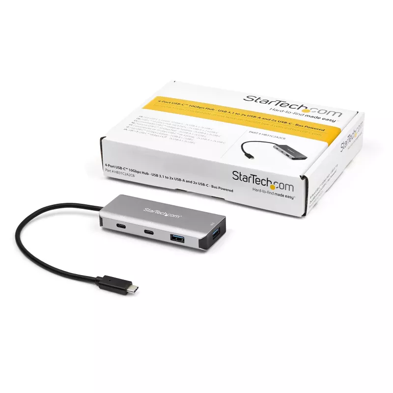 StarTech.com 4-porttinen USB C -keskitin, jossa 2x USB A ja 2x USB C – SuperSpeed 10 Gbit/s USB Type-C 3.1/3.2 Gen 2 -keskitin – USB-väylävirransyöttö – kannettava USB-C–USB-adapterikeskitin – alumiini – 25 cm (9,8 inch) kaapeli