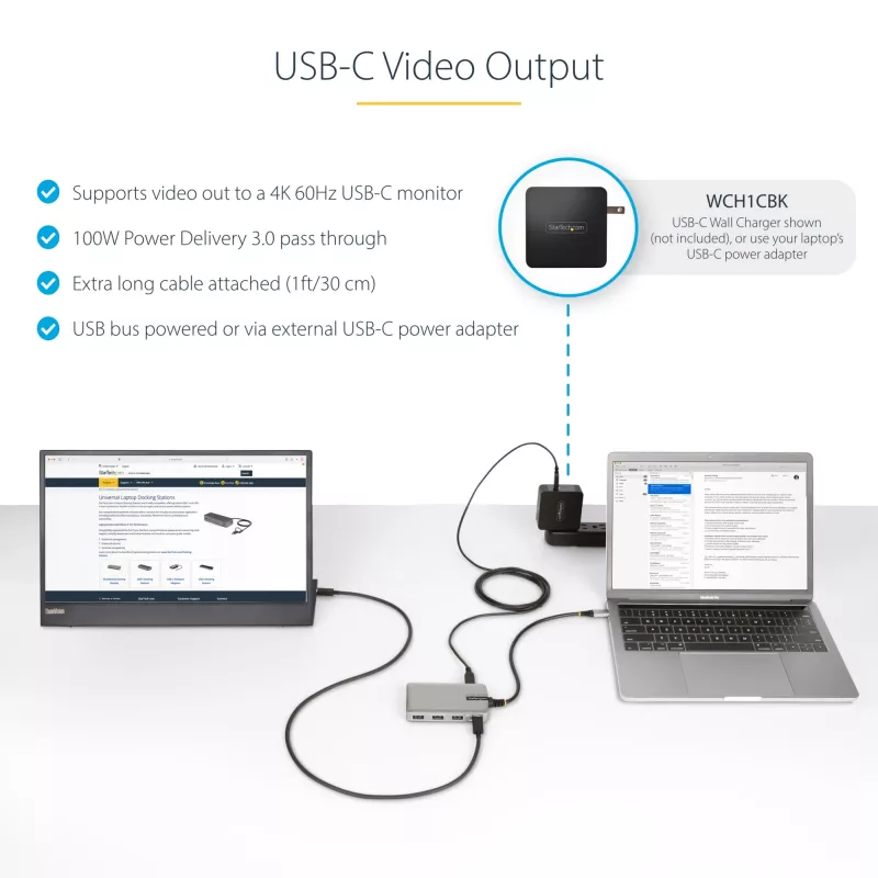 StarTech.com 4-porttinen USB-C-keskitin USB-C DP Alt Mode -videolähdöllä 4K 60Hz - 3x USB-A, 1x USB Type-C, 100W Power Delivery -läpivienti, USB 3.2 10Gbps, 30cm kaapeli, kannettava USB-keskitin