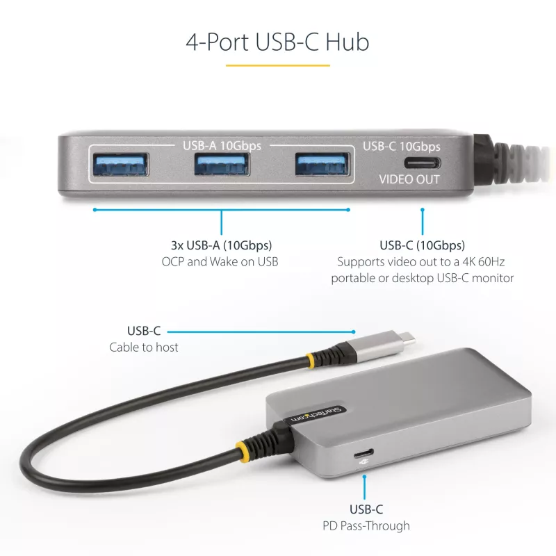 StarTech.com 4-porttinen USB-C-keskitin USB-C DP Alt Mode -videolähdöllä 4K 60Hz - 3x USB-A, 1x USB Type-C, 100W Power Delivery -läpivienti, USB 3.2 10Gbps, 30cm kaapeli, kannettava USB-keskitin