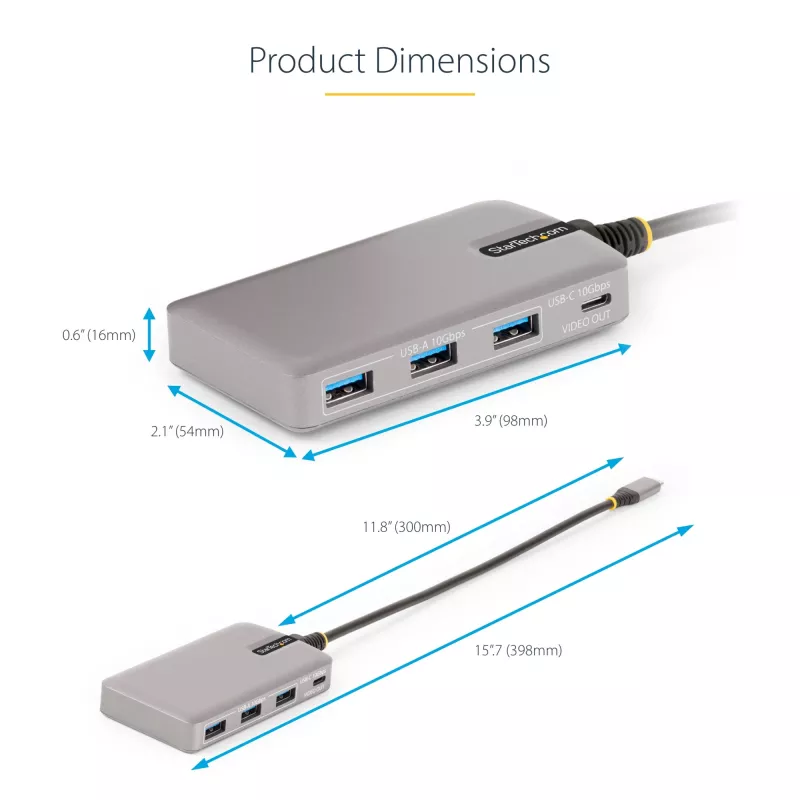 StarTech.com 4-porttinen USB-C-keskitin USB-C DP Alt Mode -videolähdöllä 4K 60Hz - 3x USB-A, 1x USB Type-C, 100W Power Delivery -läpivienti, USB 3.2 10Gbps, 30cm kaapeli, kannettava USB-keskitin