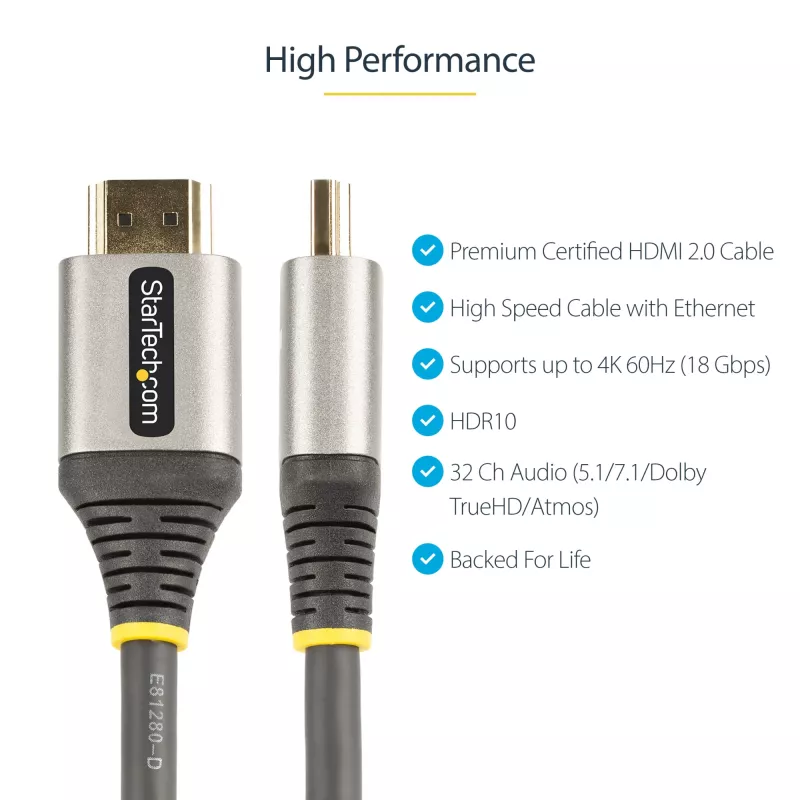 StarTech.com 2 m Premium Certified HDMI 2.0 -kaapeli – High Speed Ultra HD 4K 60 Hz HDMI -kaapeli Ethernetillä – HDR10, ARC – UHD-HDMI-videokaapeli – UHD-monitoreille, televisioille, näytöille – M/M
