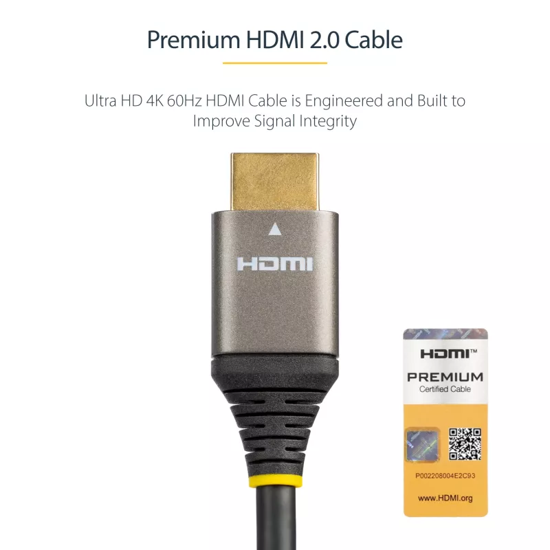 StarTech.com 2 m Premium Certified HDMI 2.0 -kaapeli – High Speed Ultra HD 4K 60 Hz HDMI -kaapeli Ethernetillä – HDR10, ARC – UHD-HDMI-videokaapeli – UHD-monitoreille, televisioille, näytöille – M/M