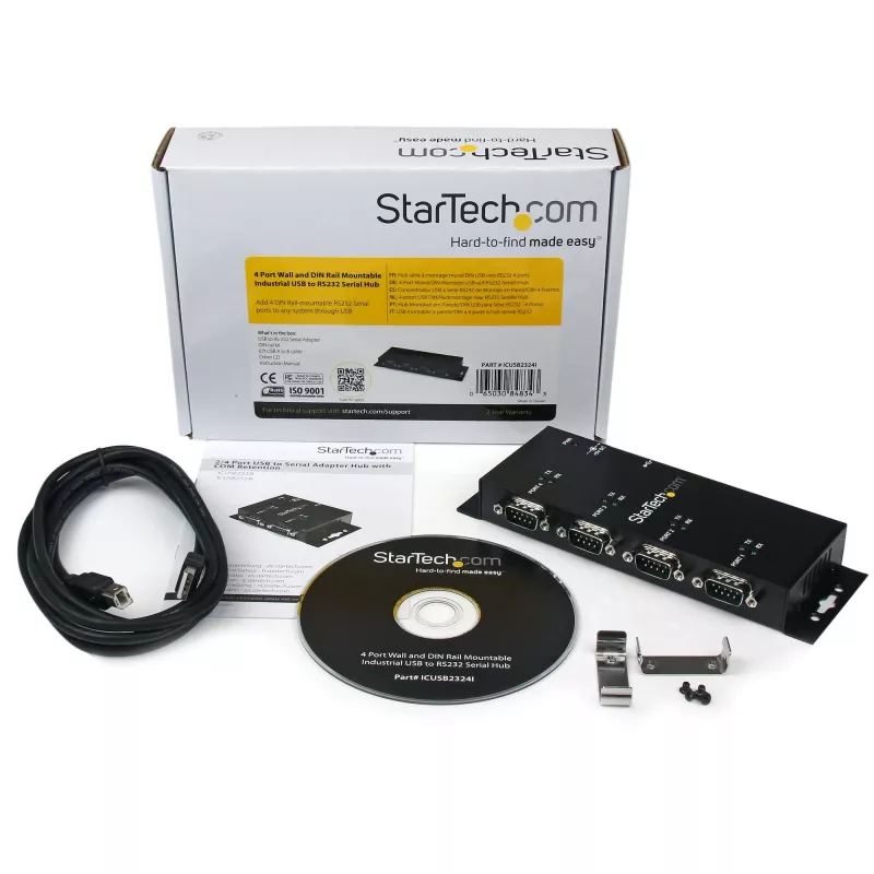 StarTech.com 4 portin USB-DB9 RS232 -sarja-adapterikeskitin – teollinen DIN-kisko- ja seinäasennus