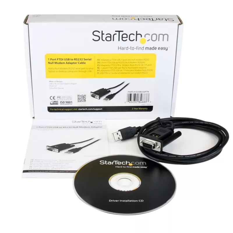 StarTech.com ICUSB232FTN 1-porttinen USB-nollamodeemi-RS232-DB9-sarja-DCE-sovitinkaapeli, FTDI, USB 2.0, musta