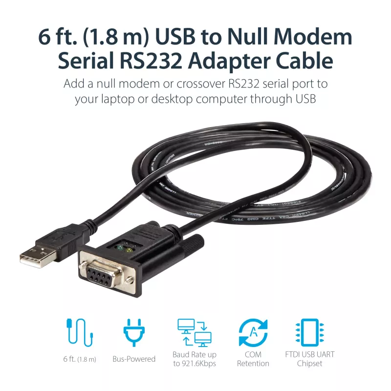 StarTech.com ICUSB232FTN 1-porttinen USB-nollamodeemi-RS232-DB9-sarja-DCE-sovitinkaapeli, FTDI, USB 2.0, musta