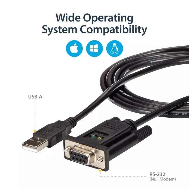 StarTech.com ICUSB232FTN 1-porttinen USB-nollamodeemi-RS232-DB9-sarja-DCE-sovitinkaapeli, FTDI, USB 2.0, musta