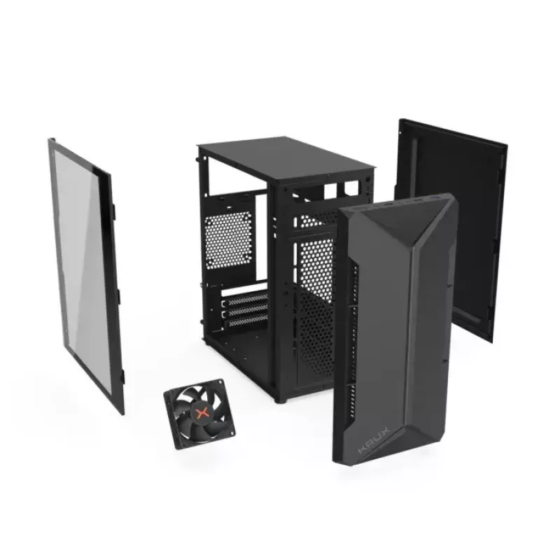 PC-kotelo KRUX Astro Cube musta — Cube-kotelo, tukee Micro ATX/Mini-ITX, 1×3,5 tuuman + 2×2,5 tuuman paikat, sivulasiseinä, max. virtalähde 28 cm, max. jäähdytyskorkeus 136 mm