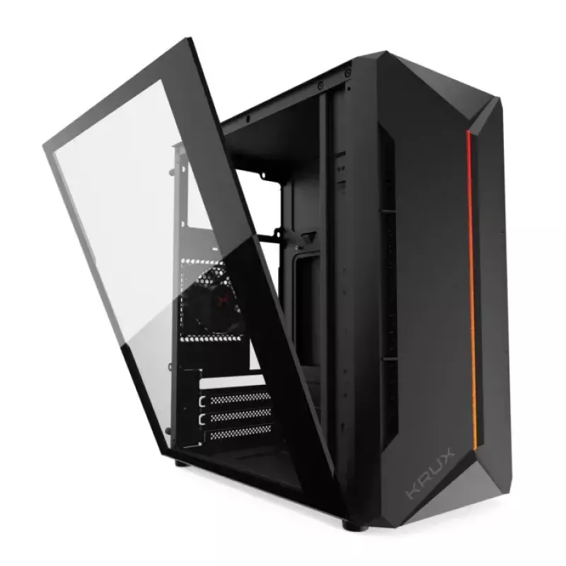 PC-kotelo KRUX Astro Cube musta — Cube-kotelo, tukee Micro ATX/Mini-ITX, 1×3,5 tuuman + 2×2,5 tuuman paikat, sivulasiseinä, max. virtalähde 28 cm, max. jäähdytyskorkeus 136 mm