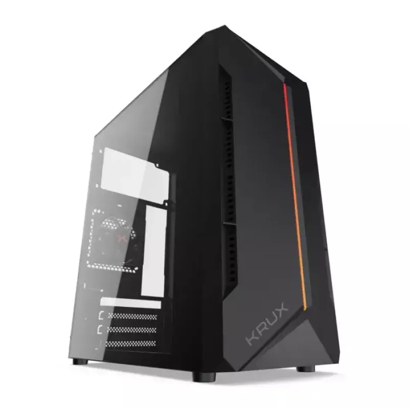 PC-kotelo KRUX Astro Cube musta — Cube-kotelo, tukee Micro ATX/Mini-ITX, 1×3,5 tuuman + 2×2,5 tuuman paikat, sivulasiseinä, max. virtalähde 28 cm, max. jäähdytyskorkeus 136 mm