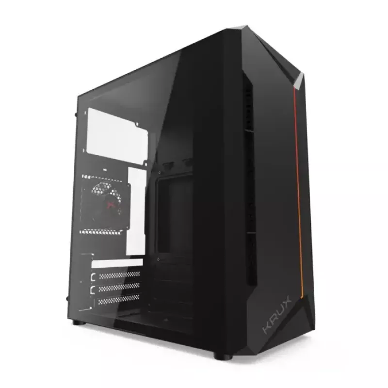 PC-kotelo KRUX Astro Cube musta — Cube-kotelo, tukee Micro ATX/Mini-ITX, 1×3,5 tuuman + 2×2,5 tuuman paikat, sivulasiseinä, max. virtalähde 28 cm, max. jäähdytyskorkeus 136 mm