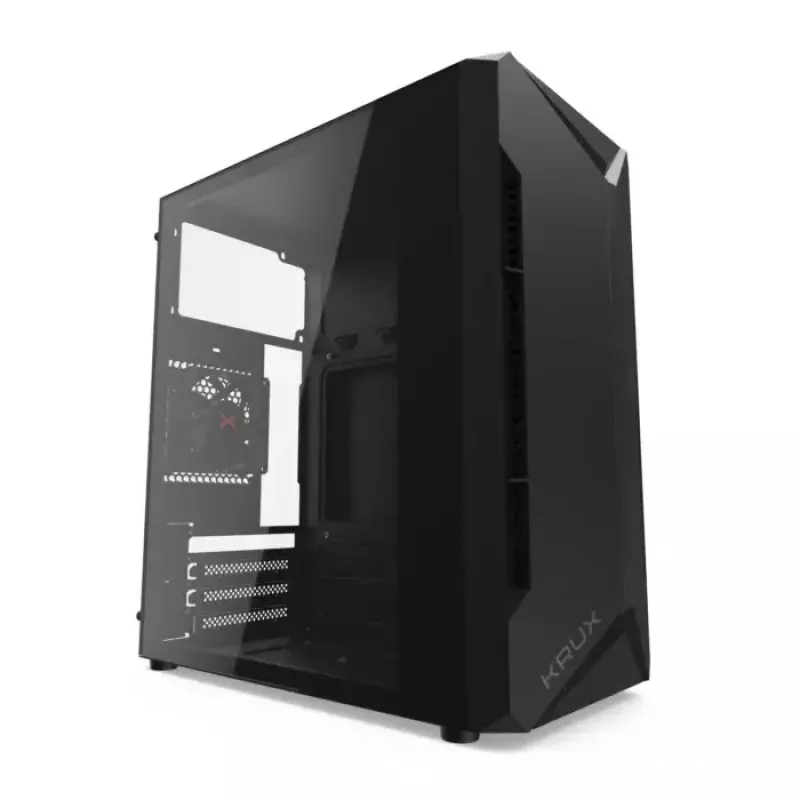 PC-kotelo KRUX Astro Cube musta — Cube-kotelo, tukee Micro ATX/Mini-ITX, 1×3,5 tuuman + 2×2,5 tuuman paikat, sivulasiseinä, max. virtalähde 28 cm, max. jäähdytyskorkeus 136 mm