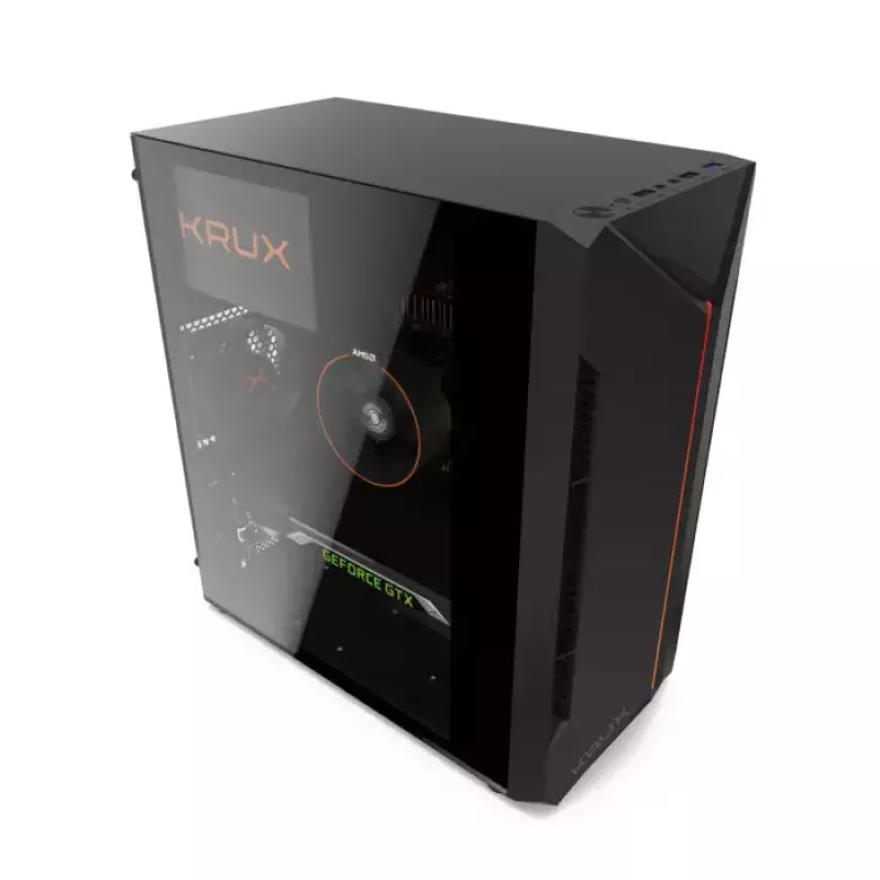 PC-kotelo KRUX Astro Cube musta — Cube-kotelo, tukee Micro ATX/Mini-ITX, 1×3,5 tuuman + 2×2,5 tuuman paikat, sivulasiseinä, max. virtalähde 28 cm, max. jäähdytyskorkeus 136 mm