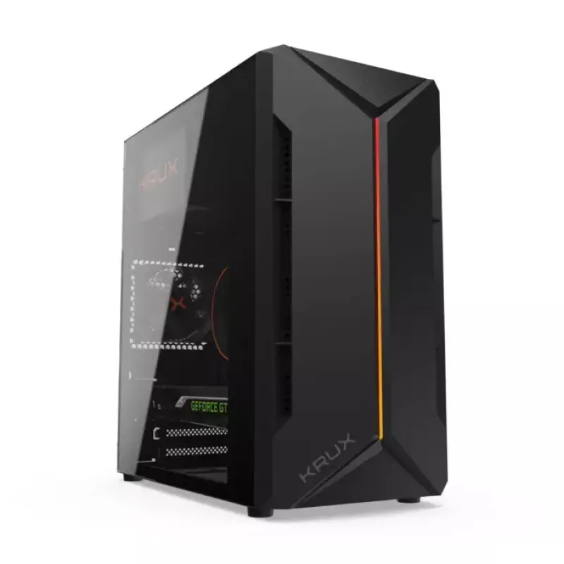PC-kotelo KRUX Astro Cube musta — Cube-kotelo, tukee Micro ATX/Mini-ITX, 1×3,5 tuuman + 2×2,5 tuuman paikat, sivulasiseinä, max. virtalähde 28 cm, max. jäähdytyskorkeus 136 mm