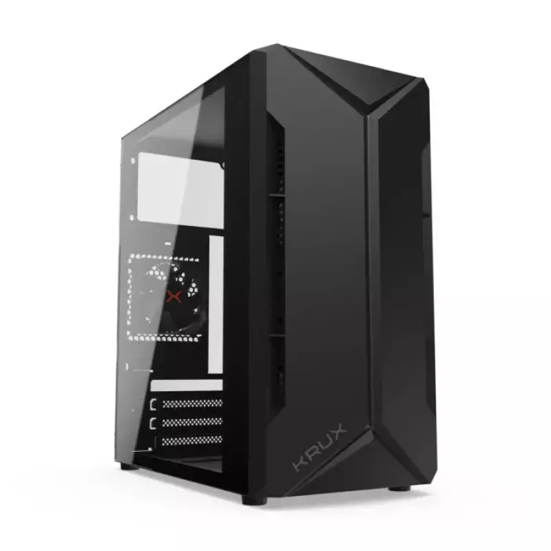 PC-kotelo KRUX Astro Cube musta — Cube-kotelo, tukee Micro ATX/Mini-ITX, 1×3,5 tuuman + 2×2,5 tuuman paikat, sivulasiseinä, max. virtalähde 28 cm, max. jäähdytyskorkeus 136 mm