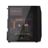PC-kotelo KRUX Astro Cube musta — Cube-kotelo, tukee Micro ATX/Mini-ITX, 1×3,5 tuuman + 2×2,5 tuuman paikat, sivulasiseinä, max. virtalähde 28 cm, max. jäähdytyskorkeus 136 mm