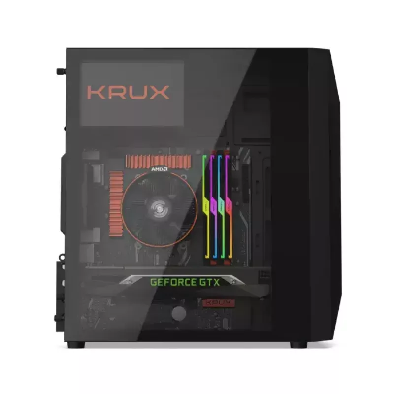 PC-kotelo KRUX Astro Cube musta — Cube-kotelo, tukee Micro ATX/Mini-ITX, 1×3,5 tuuman + 2×2,5 tuuman paikat, sivulasiseinä, max. virtalähde 28 cm, max. jäähdytyskorkeus 136 mm