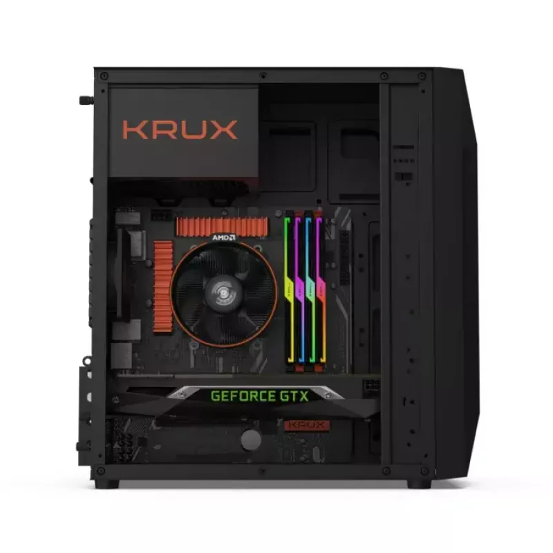 PC-kotelo KRUX Astro Cube musta — Cube-kotelo, tukee Micro ATX/Mini-ITX, 1×3,5 tuuman + 2×2,5 tuuman paikat, sivulasiseinä, max. virtalähde 28 cm, max. jäähdytyskorkeus 136 mm