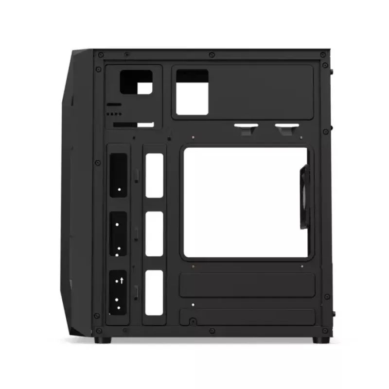 PC-kotelo KRUX Astro Cube musta — Cube-kotelo, tukee Micro ATX/Mini-ITX, 1×3,5 tuuman + 2×2,5 tuuman paikat, sivulasiseinä, max. virtalähde 28 cm, max. jäähdytyskorkeus 136 mm