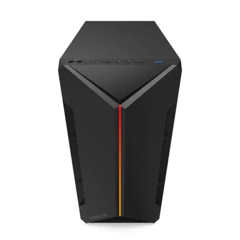 PC-kotelo KRUX Astro Cube musta — Cube-kotelo, tukee Micro ATX/Mini-ITX, 1×3,5 tuuman + 2×2,5 tuuman paikat, sivulasiseinä, max. virtalähde 28 cm, max. jäähdytyskorkeus 136 mm