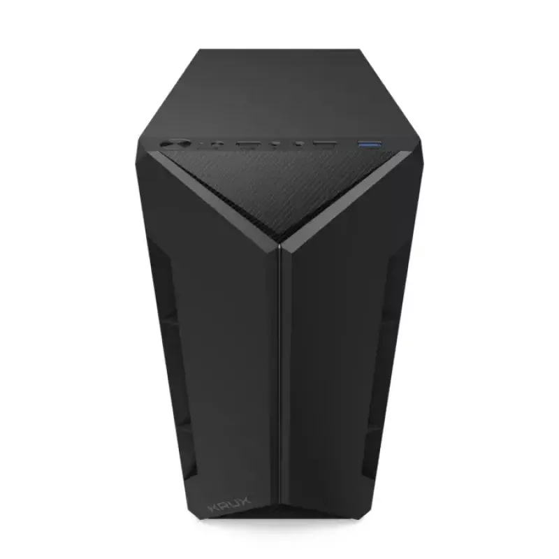 PC-kotelo KRUX Astro Cube musta — Cube-kotelo, tukee Micro ATX/Mini-ITX, 1×3,5 tuuman + 2×2,5 tuuman paikat, sivulasiseinä, max. virtalähde 28 cm, max. jäähdytyskorkeus 136 mm