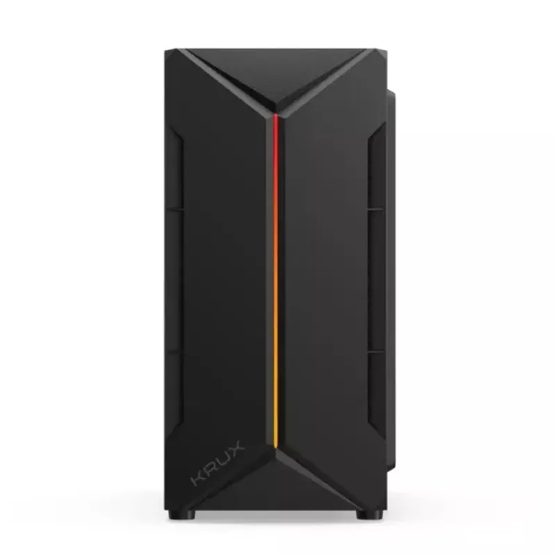 PC-kotelo KRUX Astro Cube musta — Cube-kotelo, tukee Micro ATX/Mini-ITX, 1×3,5 tuuman + 2×2,5 tuuman paikat, sivulasiseinä, max. virtalähde 28 cm, max. jäähdytyskorkeus 136 mm