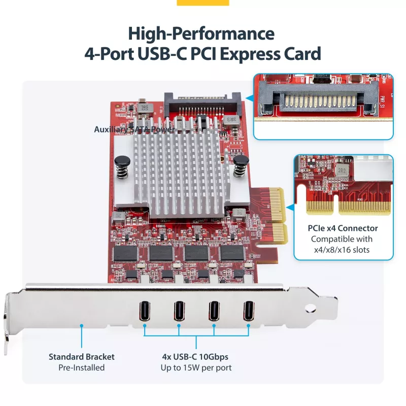StarTech.com 4-porttinen USB Type-C PCIe-kortti, USB 3.2 10Gbps, USB-C PCI Express laajennuskortti, 4x itsenäinen USB-ohjain, Windows/Linux/macOS, TAA-yhteensopiva