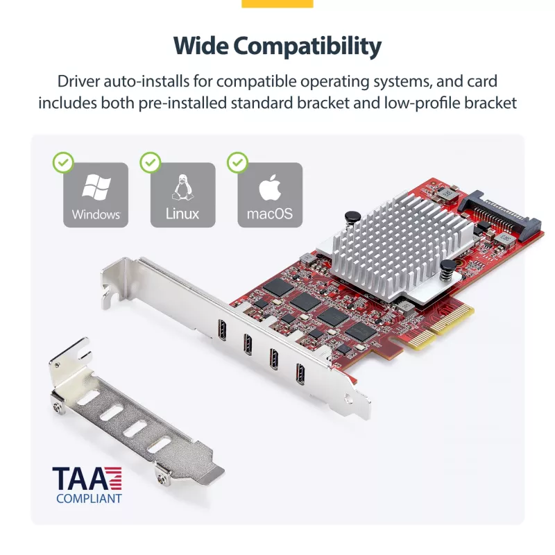 StarTech.com 4-porttinen USB Type-C PCIe-kortti, USB 3.2 10Gbps, USB-C PCI Express laajennuskortti, 4x itsenäinen USB-ohjain, Windows/Linux/macOS, TAA-yhteensopiva