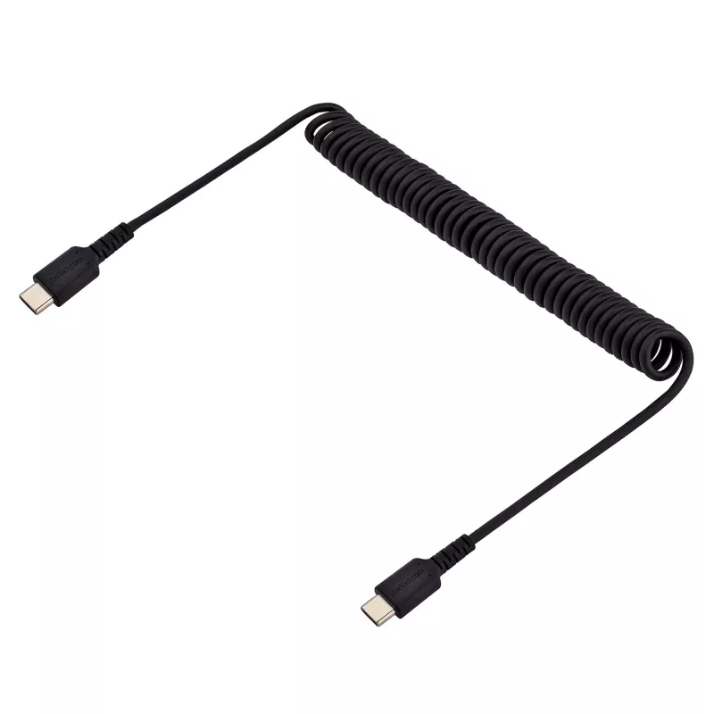 StarTech.com 1 m USB-C-latauskaapeli, spiraalikaapeli, Heavy Duty, nopea lataus ja synkronointi, USB 2.0 Type-C -kaapeli, kestävä aramidikuitu, kestävä uros-uros-USB-kaapeli, musta