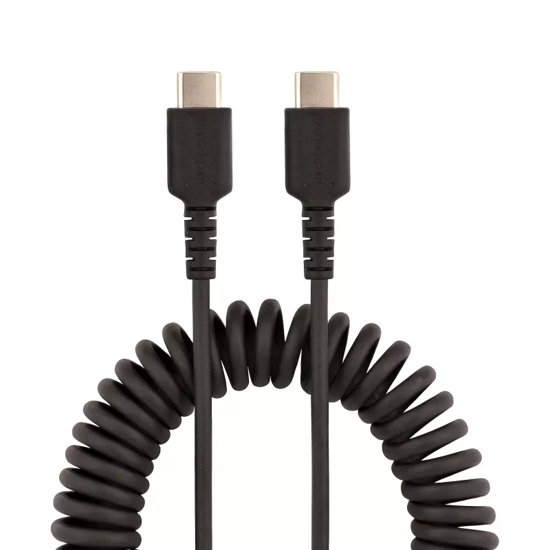 StarTech.com 1 m USB-C-latauskaapeli, spiraalikaapeli, Heavy Duty, nopea lataus ja synkronointi, USB 2.0 Type-C -kaapeli, kestävä aramidikuitu, kestävä uros-uros-USB-kaapeli, musta