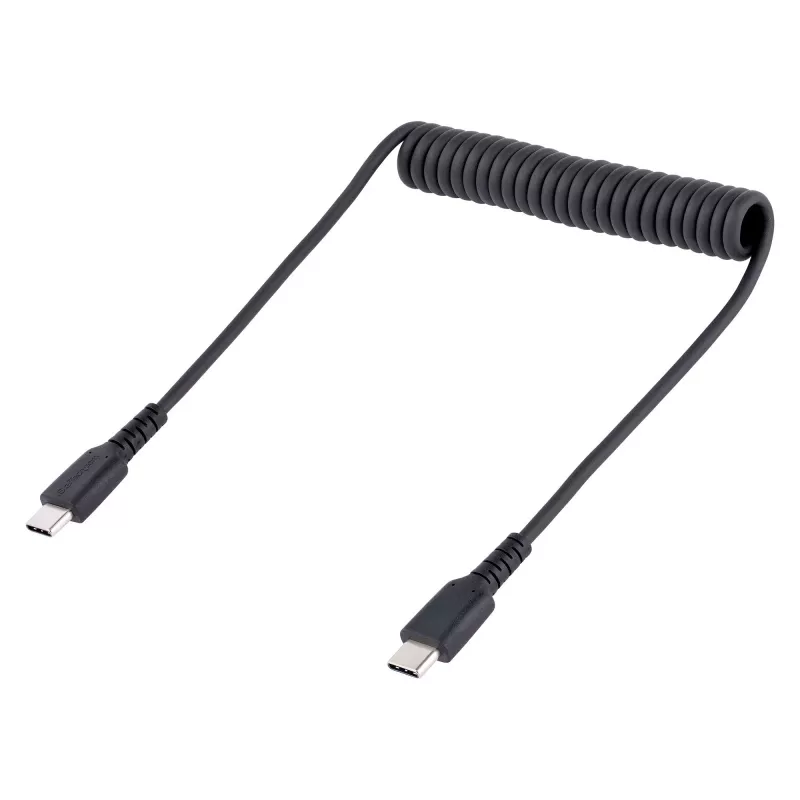 StarTech.com 20 in (50 cm) USB-C-latauskaapeli, spiraalikaapeli, kestävä, pikalataus ja synkronointi, USB 2.0 Type-C, kestävällä aramidikuidulla, kestävä uros-uros-USB-kaapeli, musta