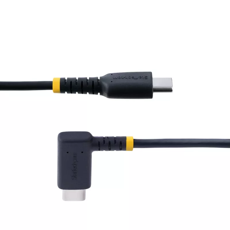 StarTech.com 15cm USB C -latauskaapeli kulmaliittimellä - 60W PD 3A - kestävä pikalataus-USB-C-kaapeli - musta USB 2.0 Type-C - vahvistettu aramidikuidulla - lyhyt USB-latauskaapeli