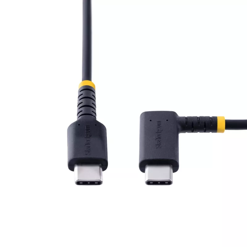 StarTech.com 15cm USB C -latauskaapeli kulmaliittimellä - 60W PD 3A - kestävä pikalataus-USB-C-kaapeli - musta USB 2.0 Type-C - vahvistettu aramidikuidulla - lyhyt USB-latauskaapeli