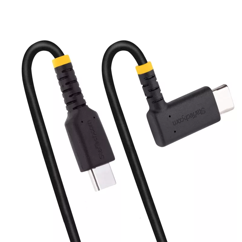 StarTech.com 15cm USB C -latauskaapeli kulmaliittimellä - 60W PD 3A - kestävä pikalataus-USB-C-kaapeli - musta USB 2.0 Type-C - vahvistettu aramidikuidulla - lyhyt USB-latauskaapeli